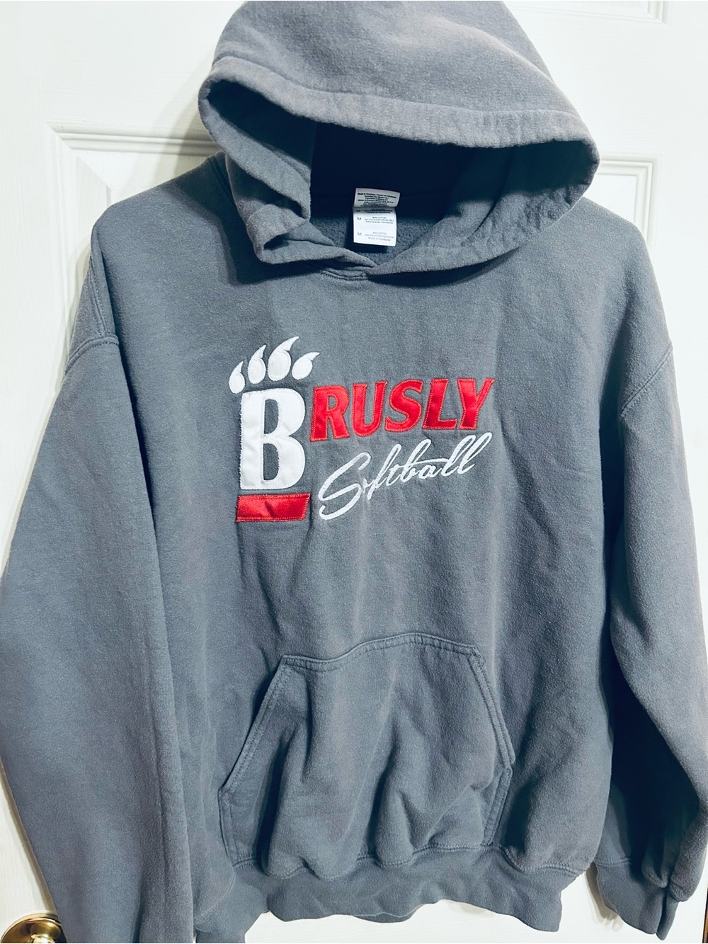Gildan Gray Hoodie with Red and White Brusly Softball Logo